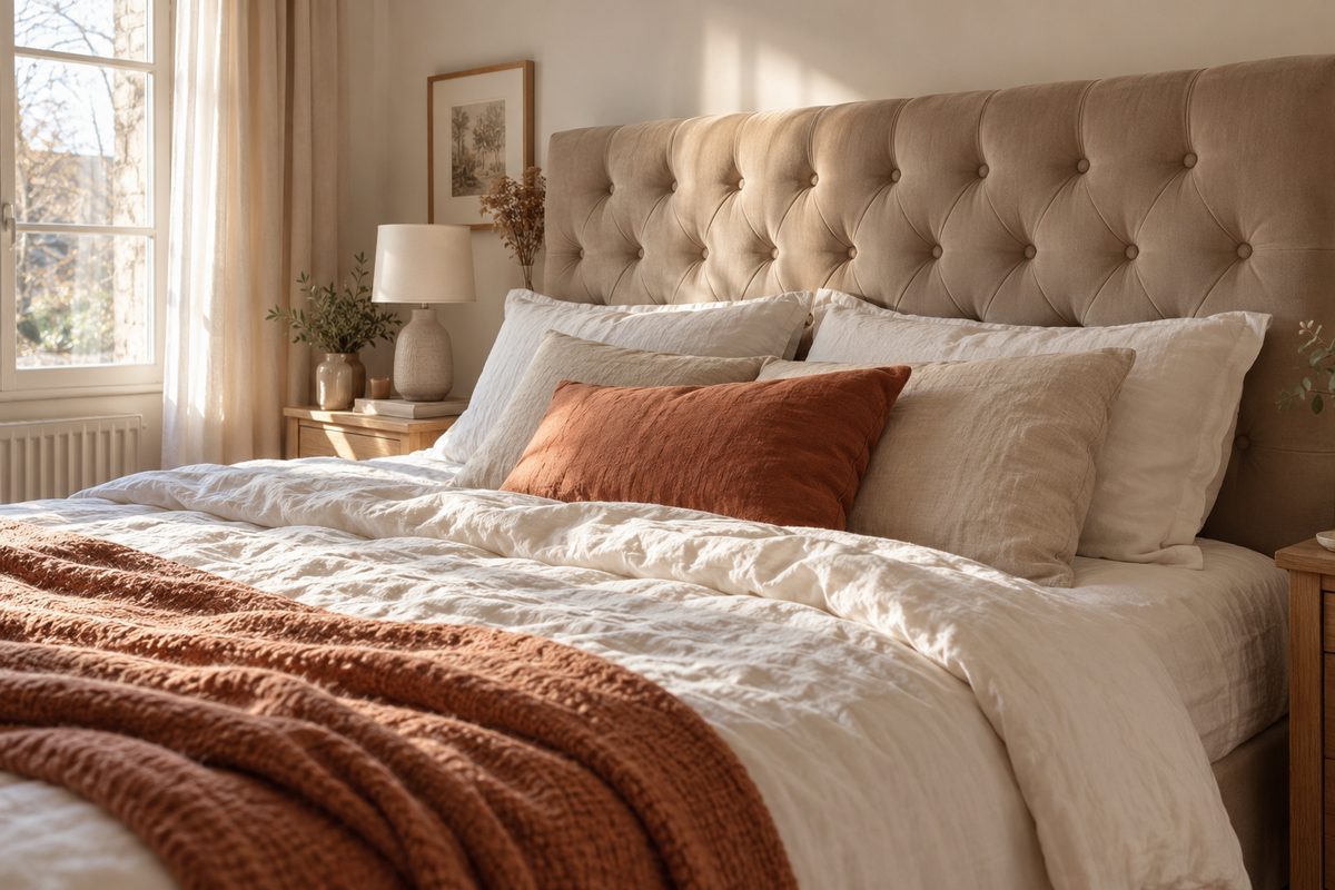 Tête de lit capitonnée en mousse et velours beige faite maison