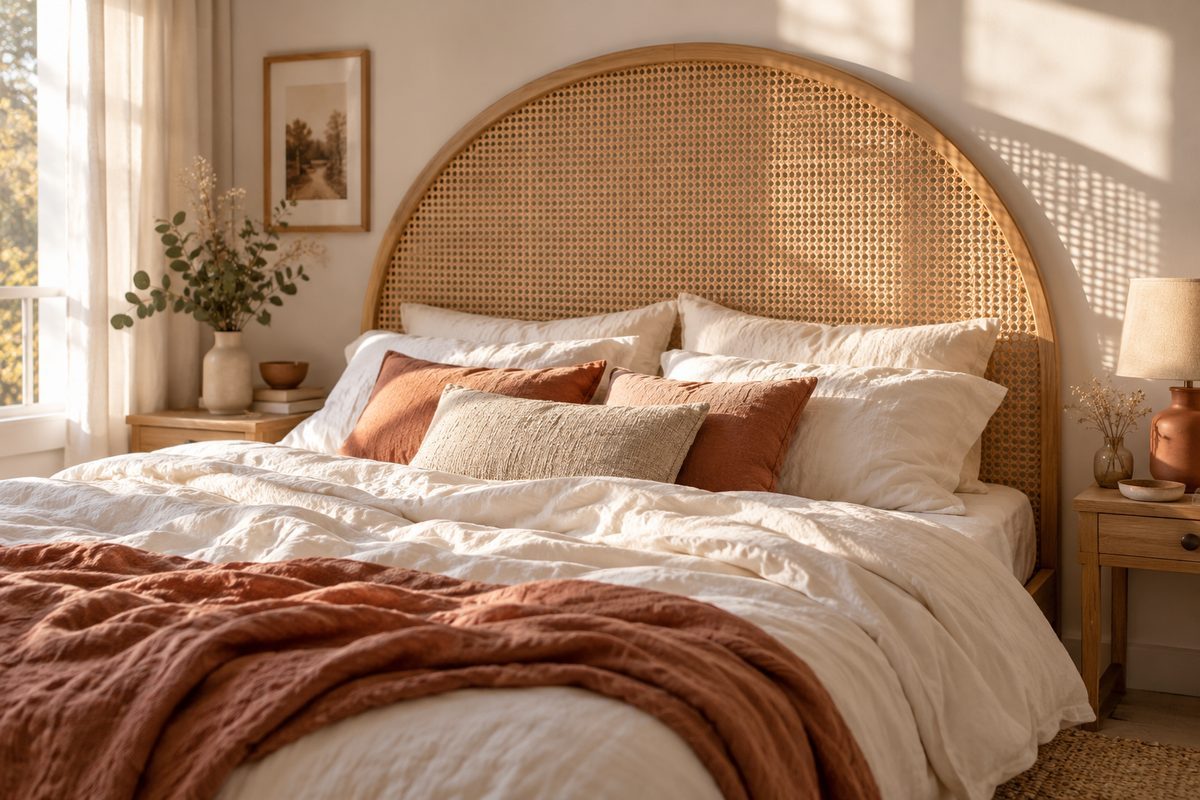 Tête de lit en cannage naturel en forme d'arche