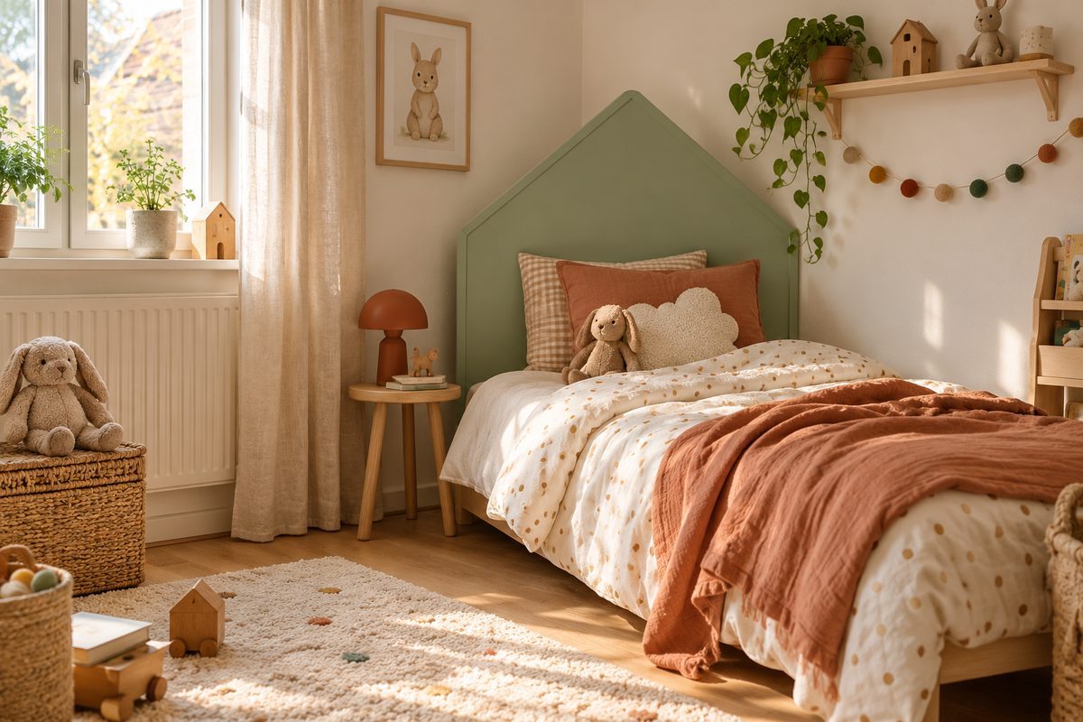 Tête de lit en forme de maison dans une chambre d'enfant