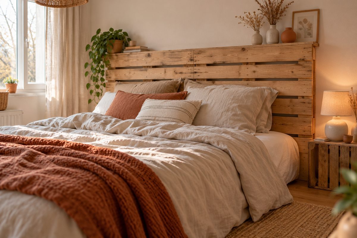 Tête de lit en palette de bois récupérée fixée au mur