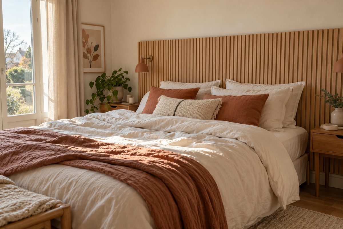 Tête de lit en tasseaux de bois clair derrière un lit double