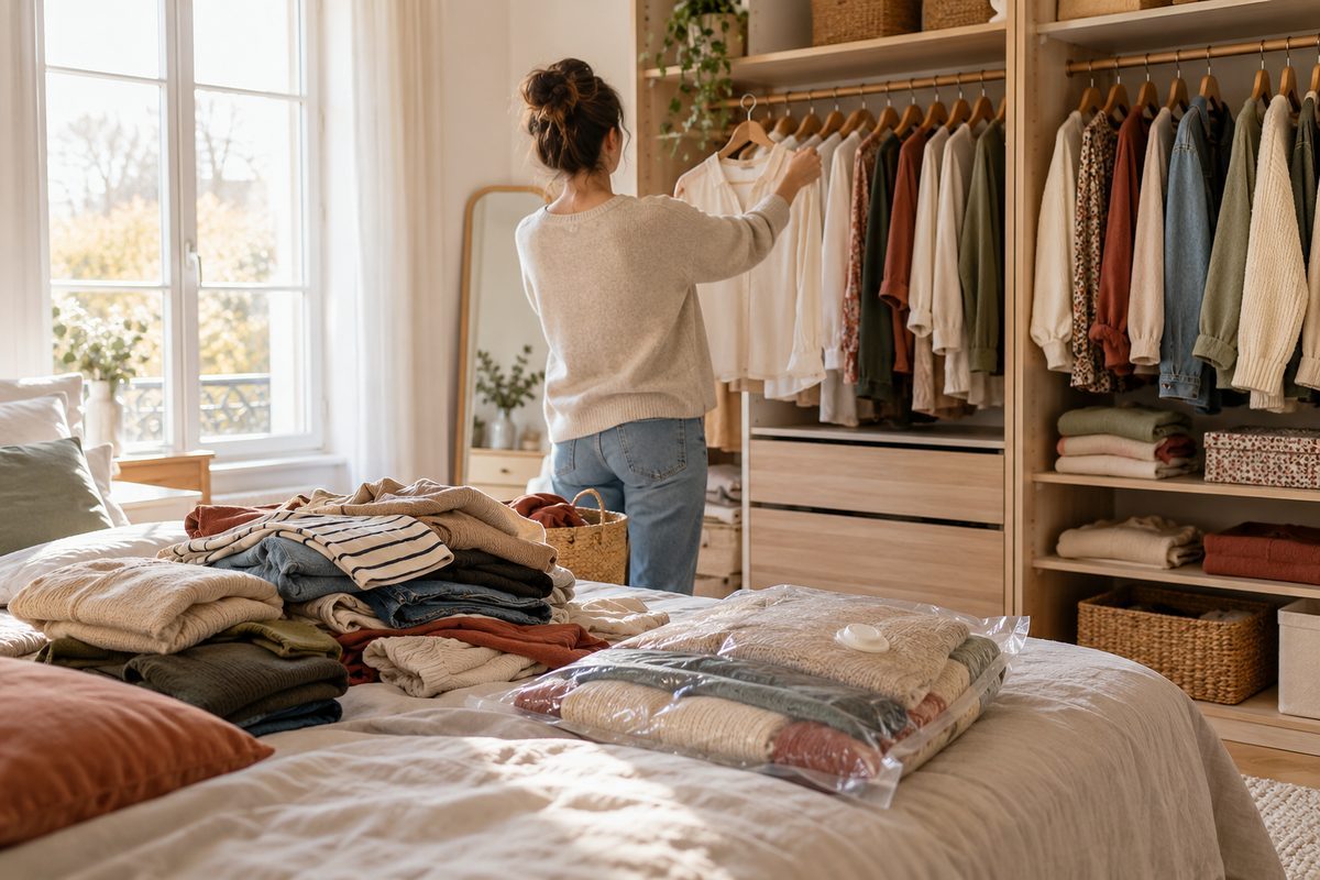 Dressing trié avec cintres identiques et vêtements à donner sur le lit