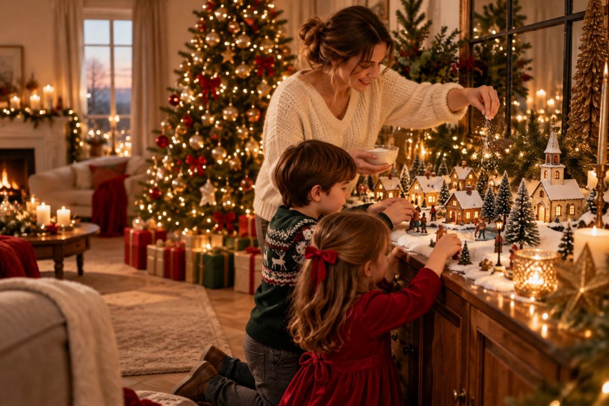 Enfants qui installent un village de Noël miniature